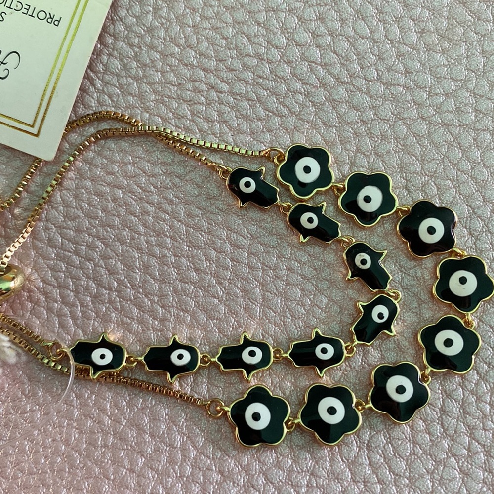 Flower And Hamsa Black Enamel Evil Eye Slider Gold Bracelet Set NWT